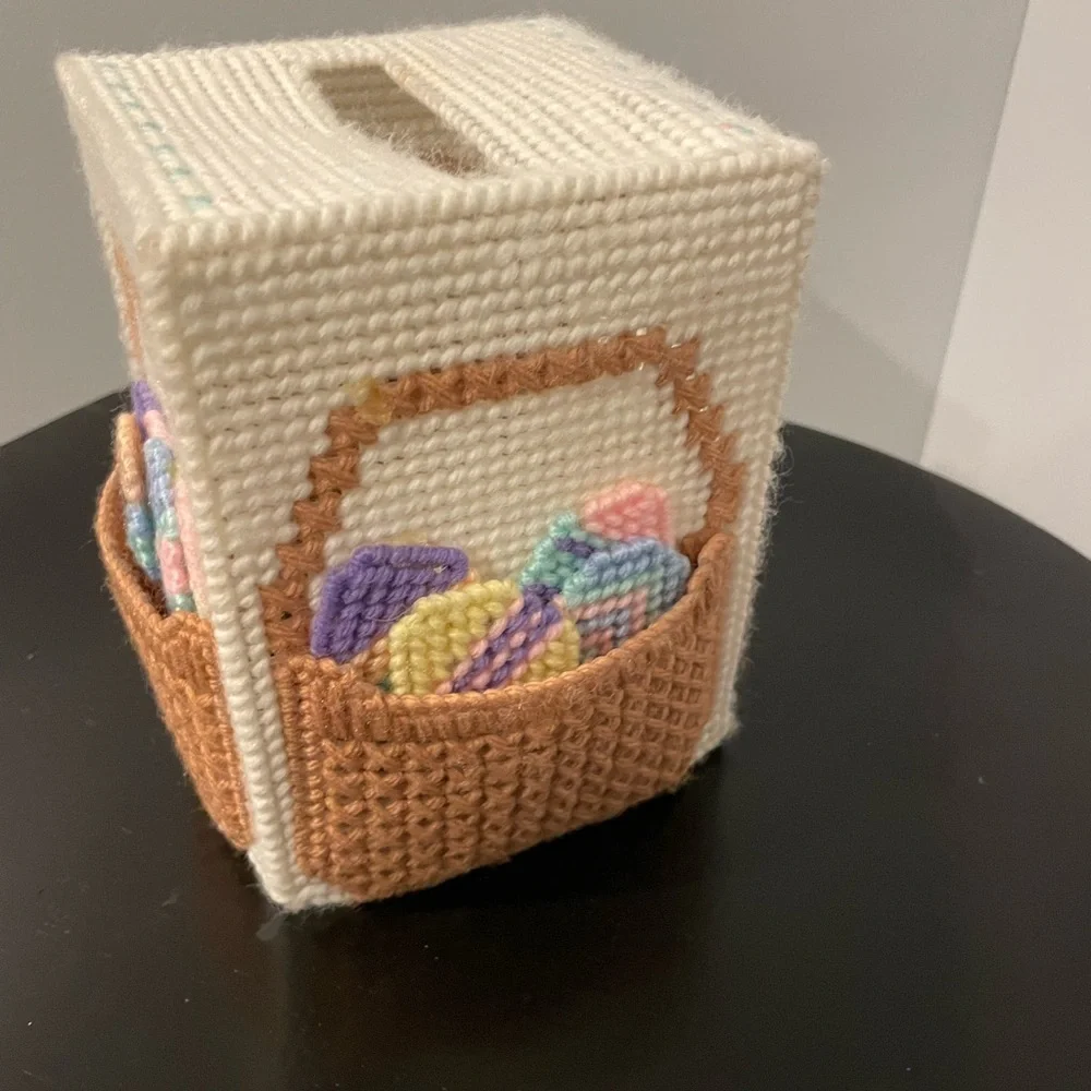 Vintage Crochet Kleenex Box with pastel Easter eggs and basket
